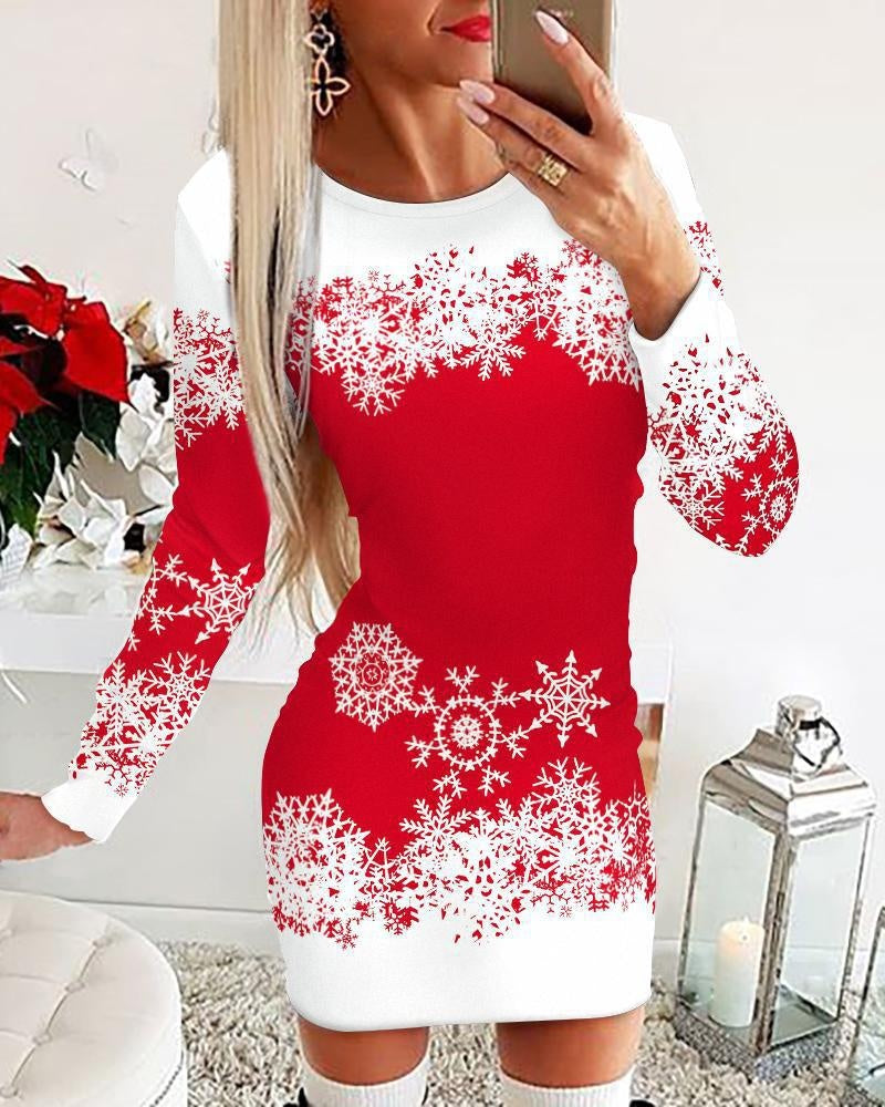 Women's Fashion Christmas Printing Round-neck Long-sleeved Dress