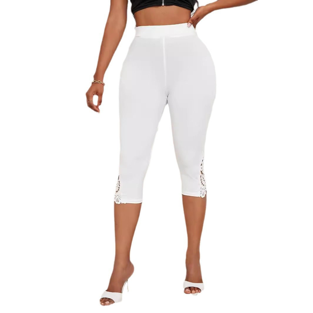 Fashion Slim Fit High Waist Pure Color Lace Patchwork Base Cropped Pants
