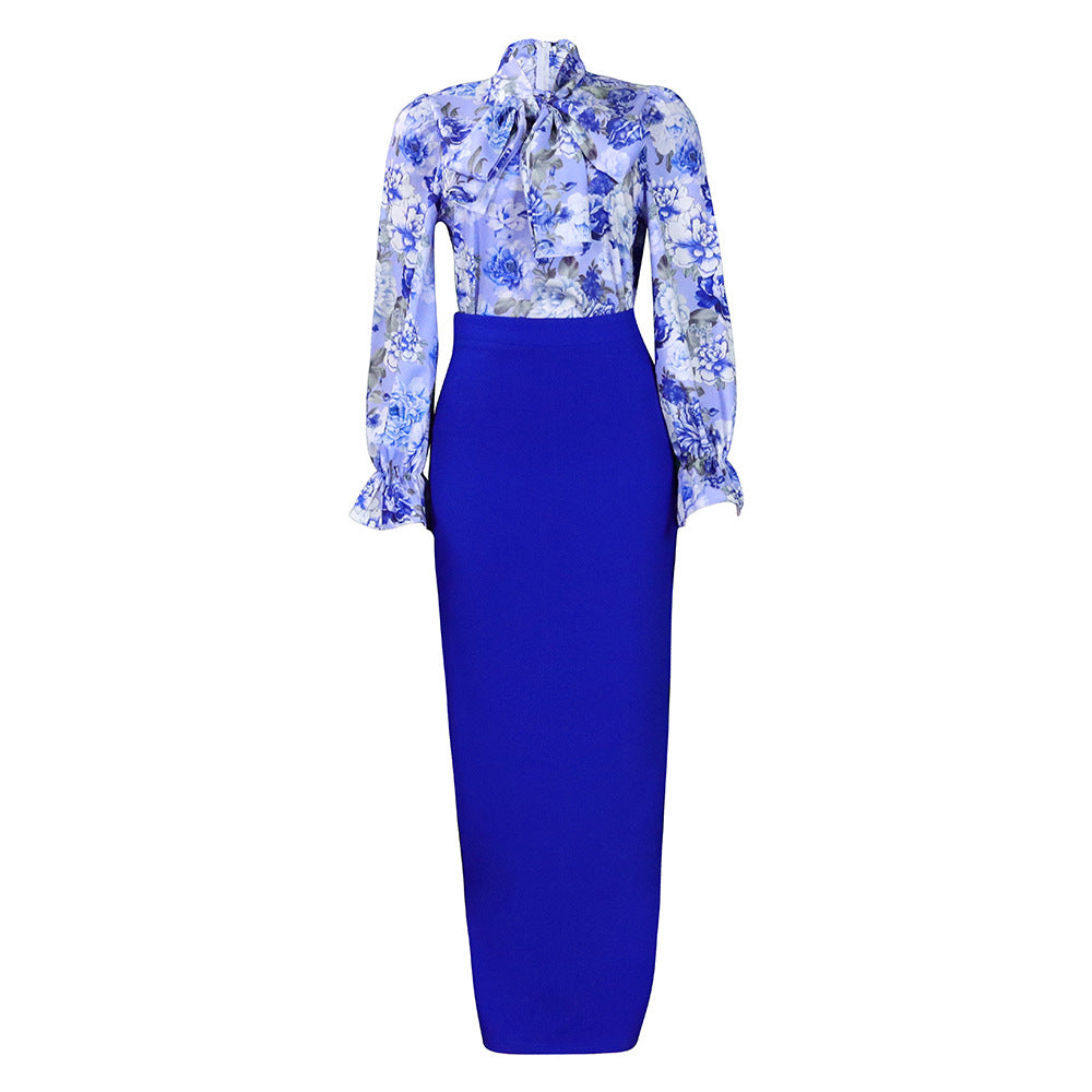 Printed Lace Up Long Sleeve Shirt Skirt Long Skirt Cross-border Two-piece Set