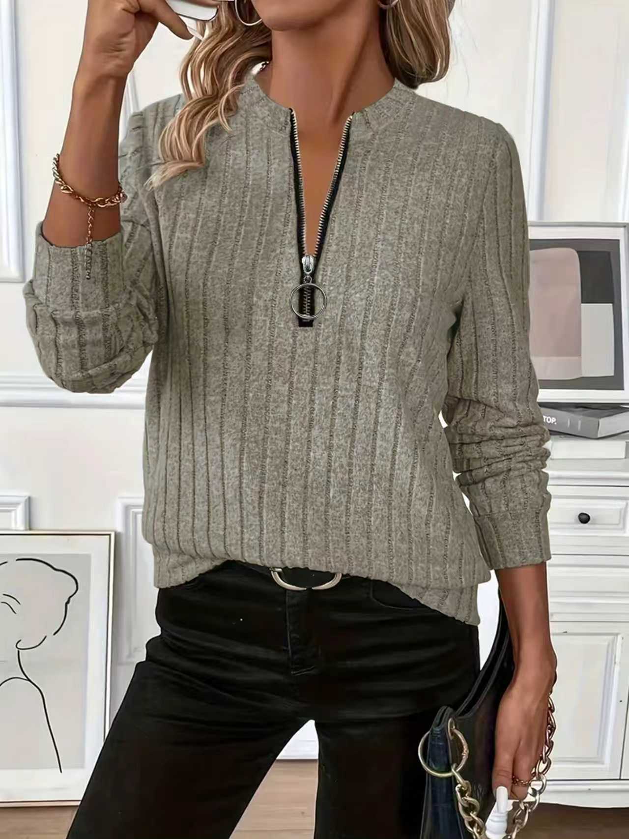New Womens Rib-knit Solid-color Long-sleeve Top With A Zipper