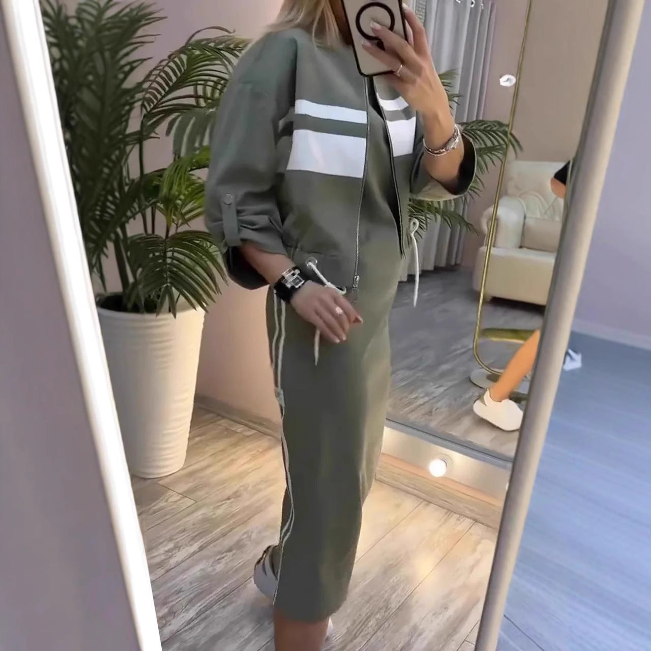 Casual Zipper White Stripe Edge Jacket Coat Dress Women's Suit