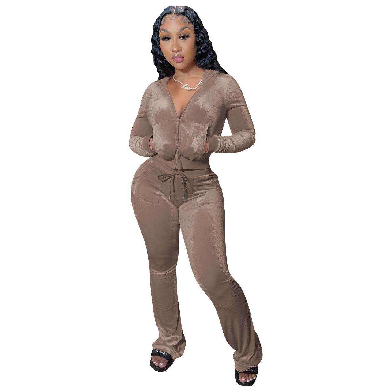 Gold Velvet Pocket Hooded Zip Sweatshirt Wide Leg Pants