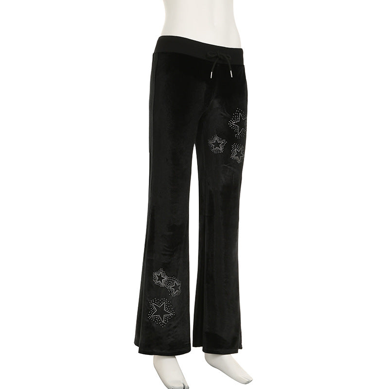 Drilling Low Waist Drawstring Patchwork Slimming Casual Pants