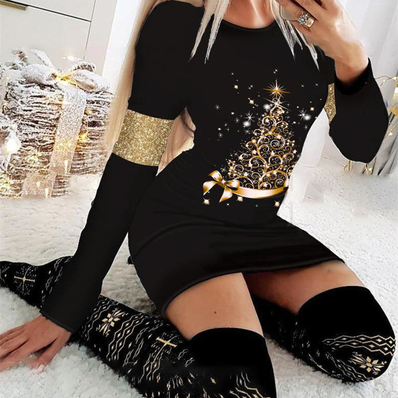 Women's Fashion Christmas Printing Round-neck Long-sleeved Dress