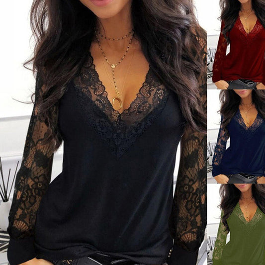 Lace Stitching V-Neck See-Through Long-Sleeved T-Shirt