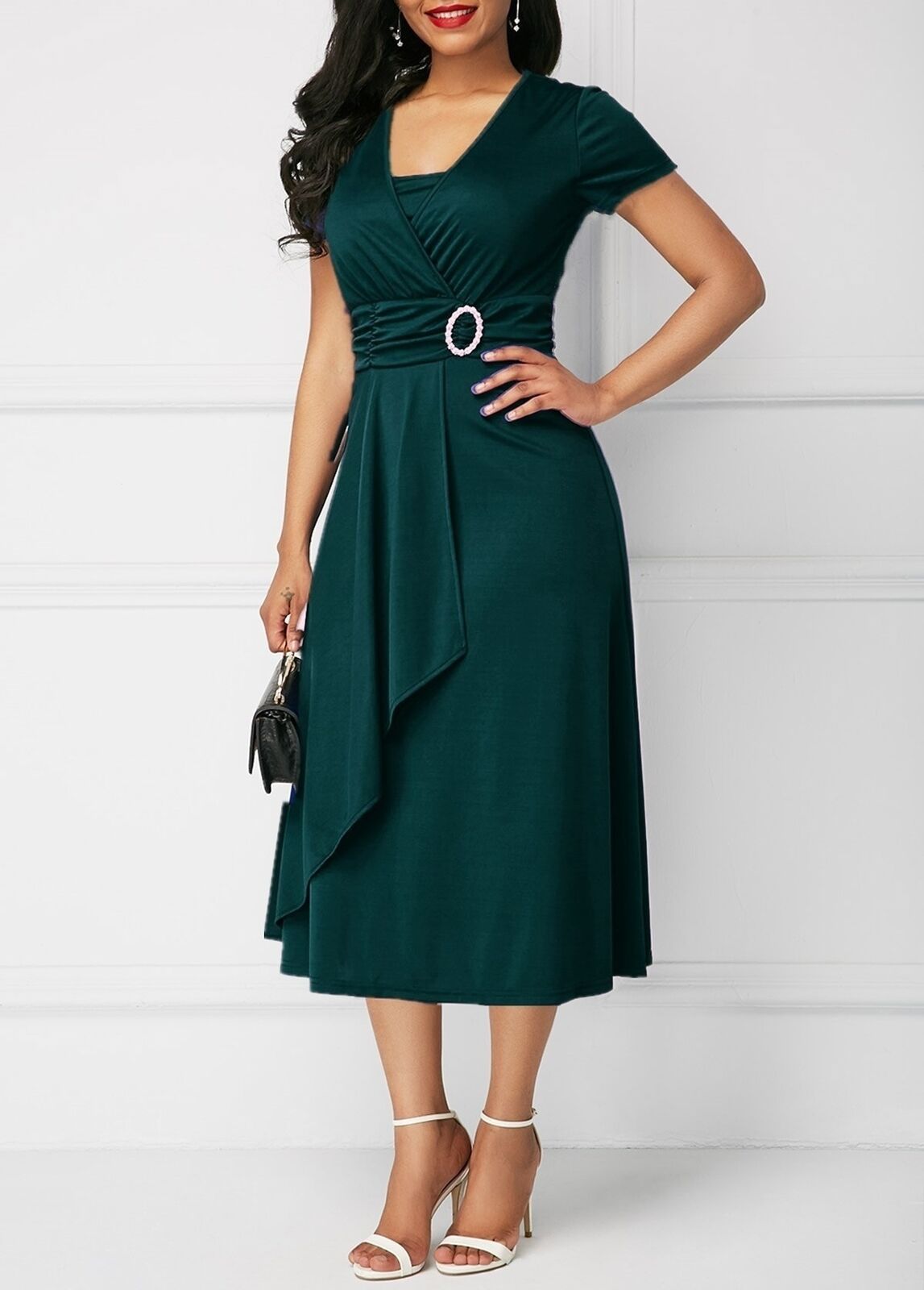Sexy Asymmetrical V-neck Dress Women's High Waist Mid-length Solid Color Evening Dress