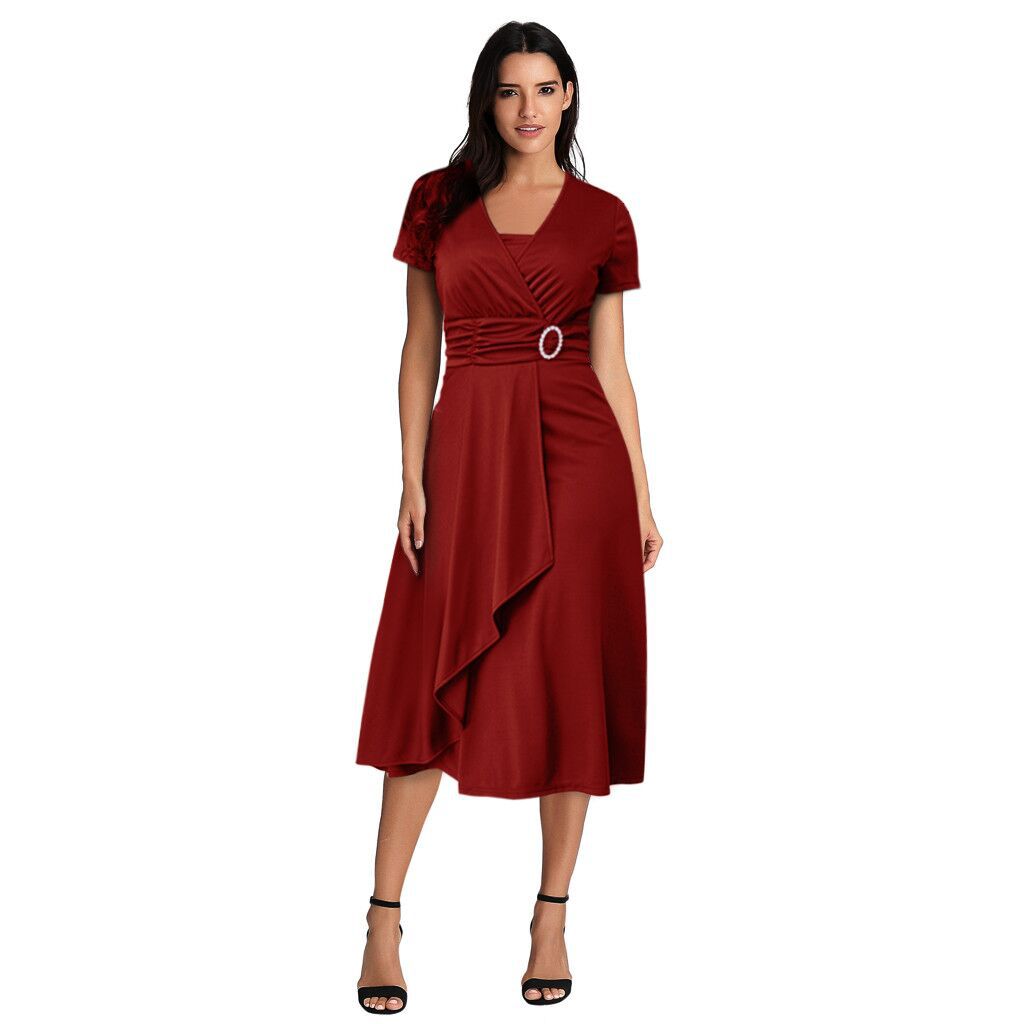 Sexy Asymmetrical V-neck Dress Women's High Waist Mid-length Solid Color Evening Dress