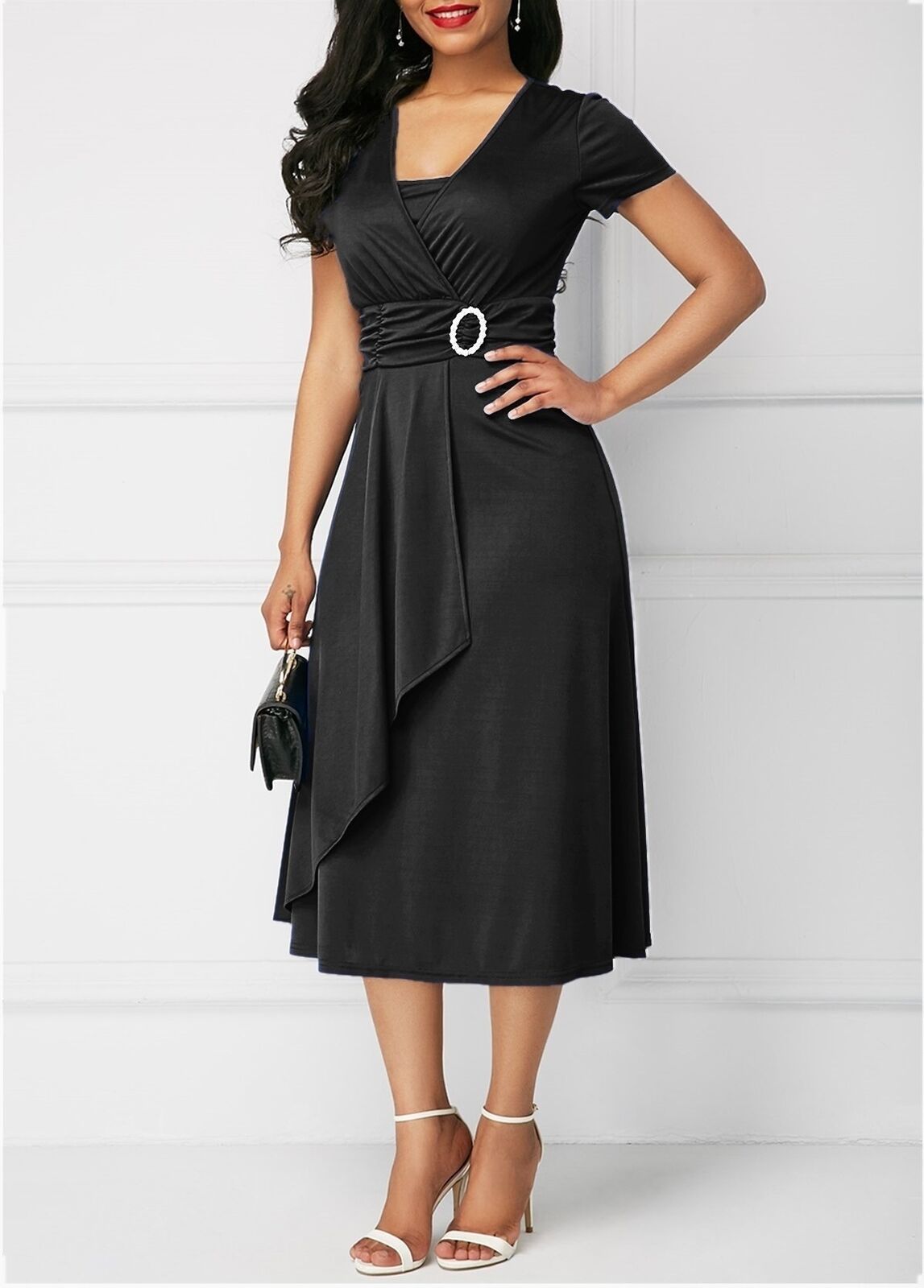Sexy Asymmetrical V-neck Dress Women's High Waist Mid-length Solid Color Evening Dress