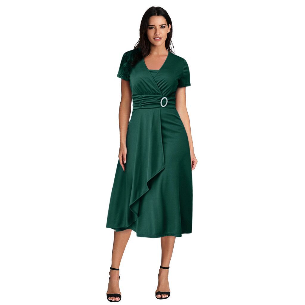 Sexy Asymmetrical V-neck Dress Women's High Waist Mid-length Solid Color Evening Dress