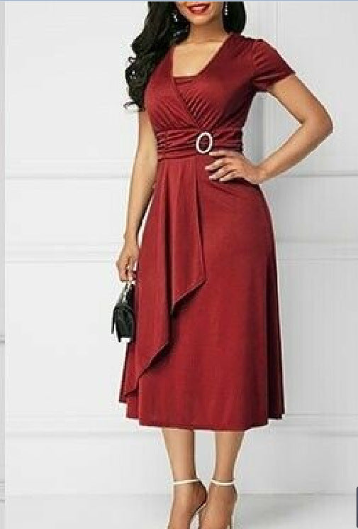 Sexy Asymmetrical V-neck Dress Women's High Waist Mid-length Solid Color Evening Dress