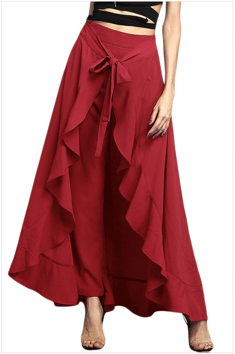 Irregular Ruffled High-Waist Lace-Up Trousers