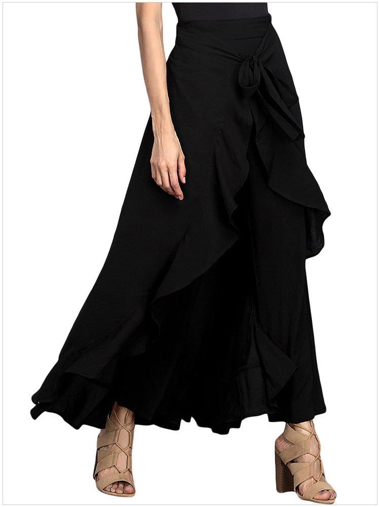 Irregular Ruffled High-Waist Lace-Up Trousers