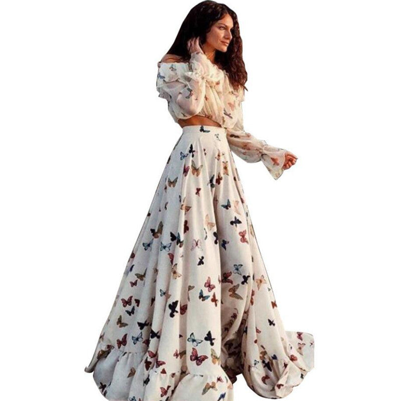 Printed Two-piece Bohemian Large Skirt Long Skirt Beach Dress