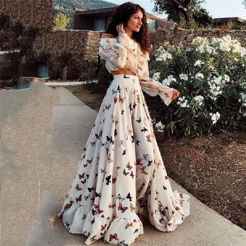 Printed Two-piece Bohemian Large Skirt Long Skirt Beach Dress
