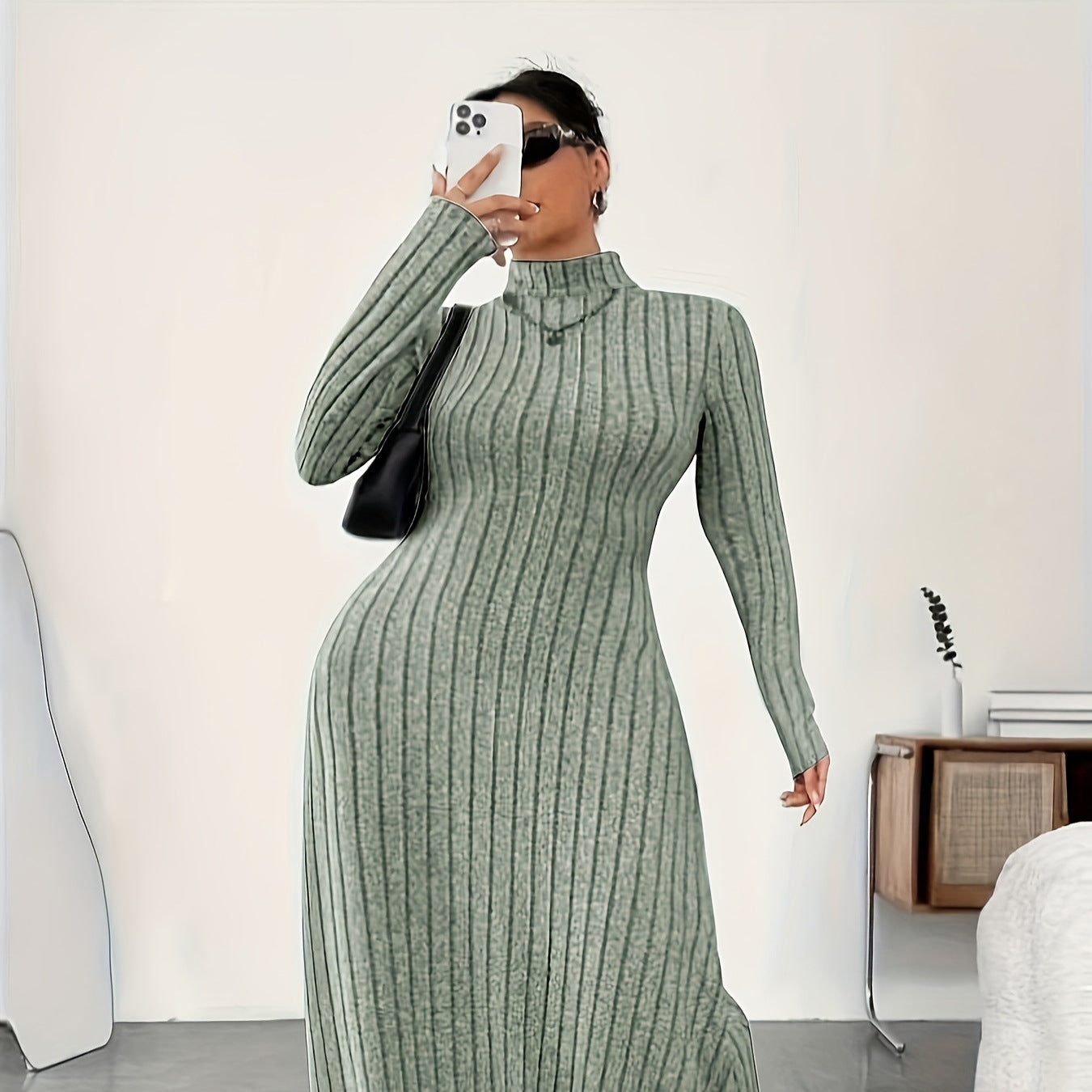 European And American Adult Lady Like Woman Plus Size Dress Autumn And Winter Simplicity Turtleneck