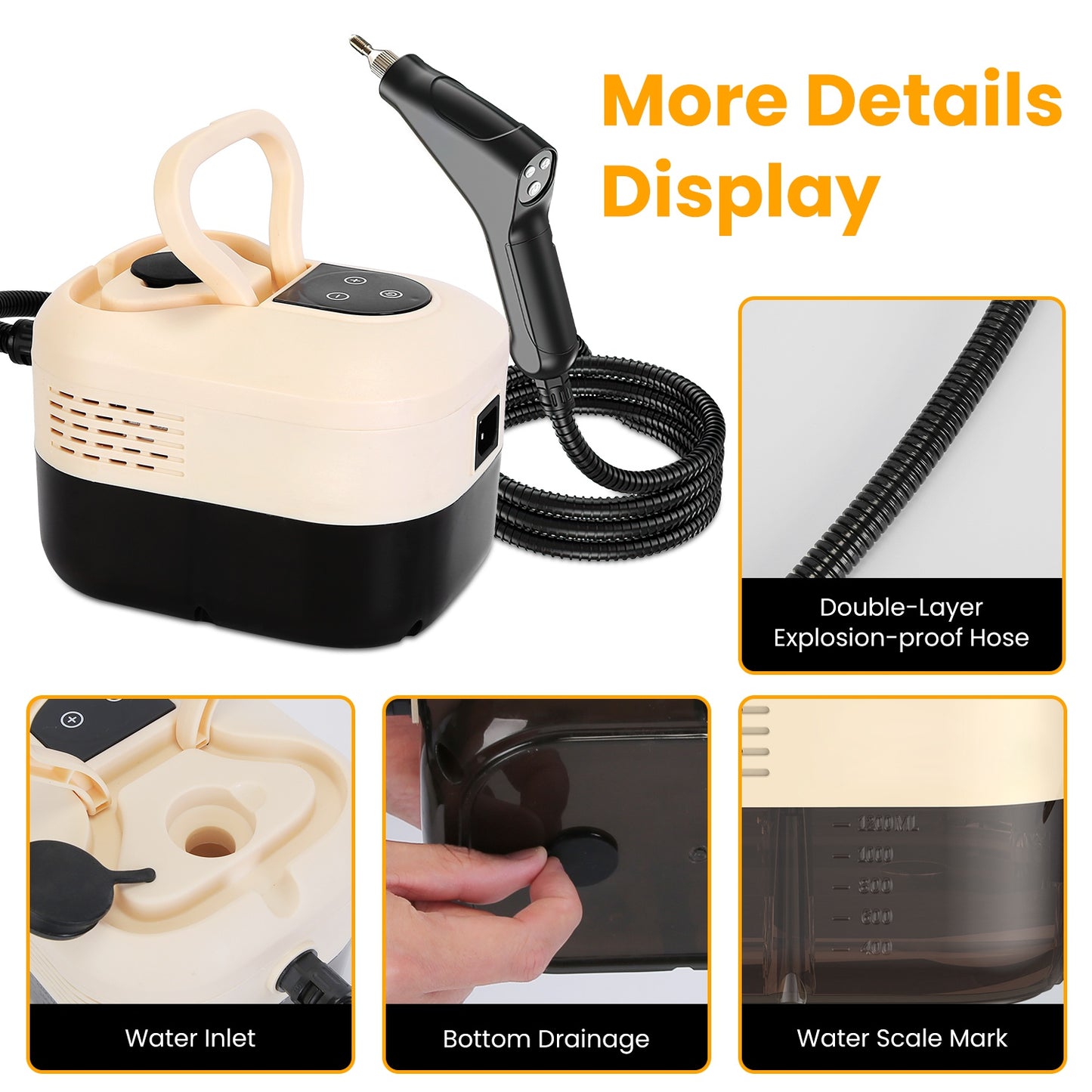 1500W Handheld High Temperature And Pressure Steamer Cleaner With 1200ML Tank 8 Accessories 6 Steam Levels Digital Display Handle Control For Dirt Grease Grout Tile Floor Couch Car