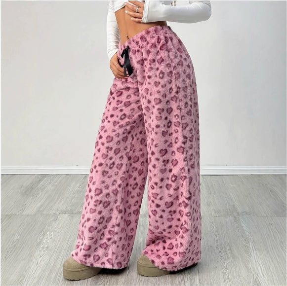 New Casual Leopard Print Lace-up Wide-leg Pants