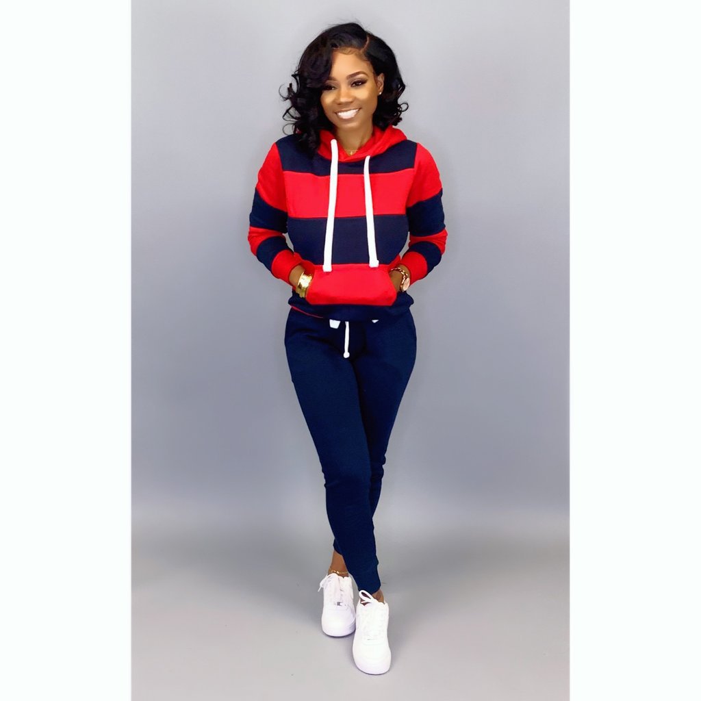 Striped hooded sweater trousers set