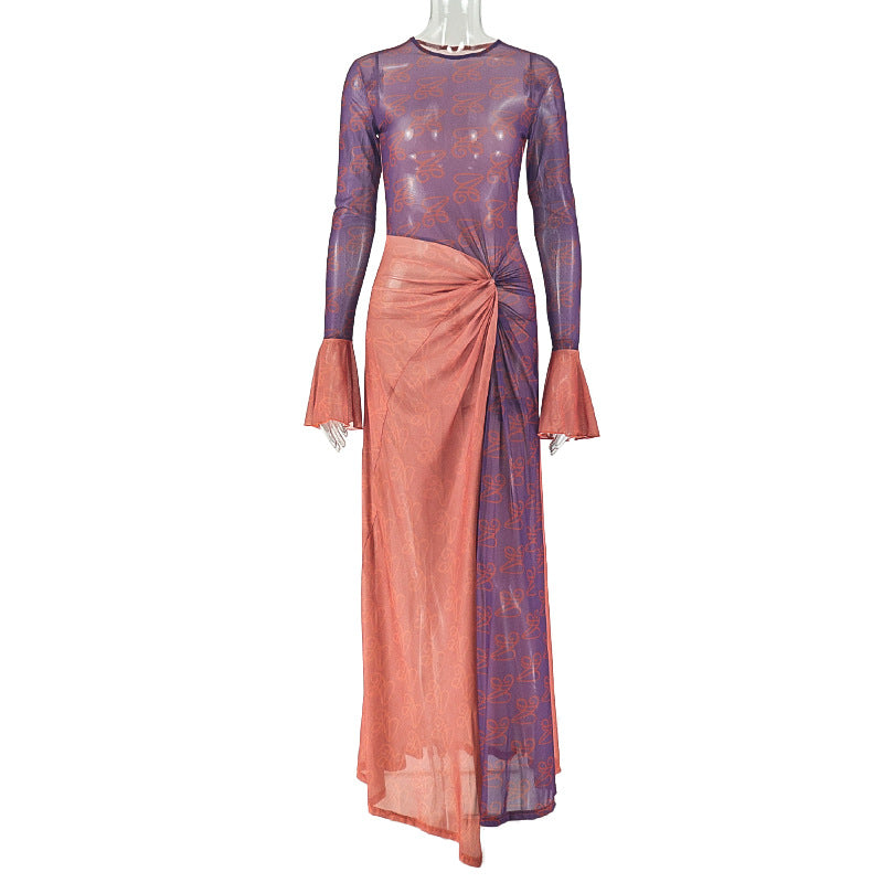 Women's Lightweight Sheer High-Low Skirt Round Neck Ruffled Long Sleeve Dress