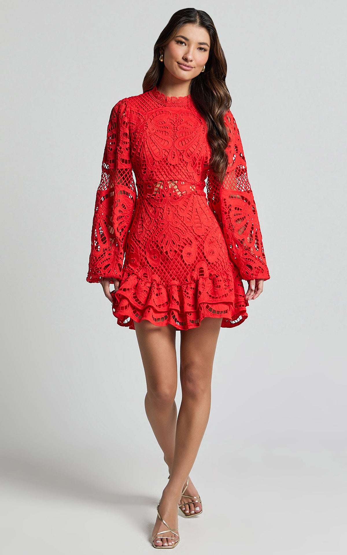 Stand Collar Lantern Long Sleeve Hollow Dress