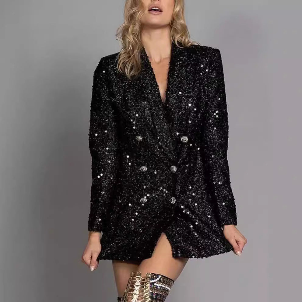 Fashion Ladies V-neck Double Breasted Black With Paillettes Slim Fit Long Shirt