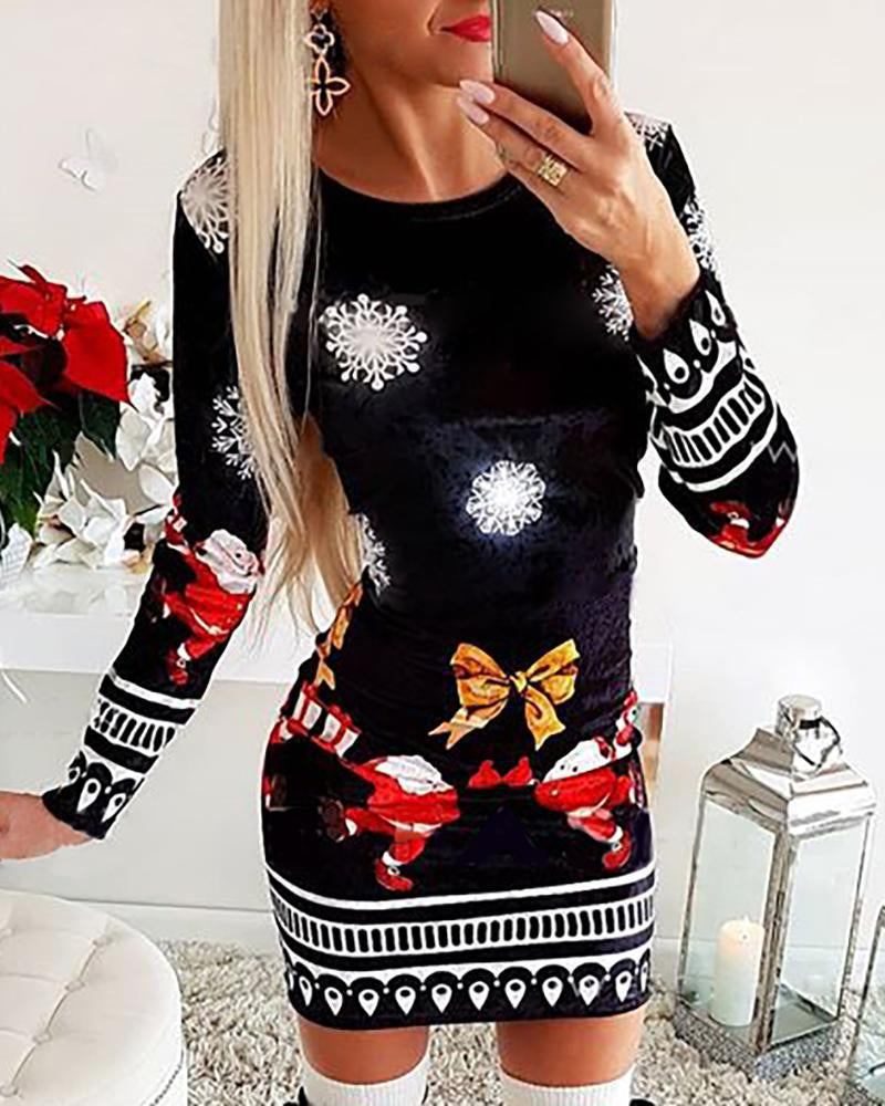 Women's Fashion Christmas Printing Round-neck Long-sleeved Dress