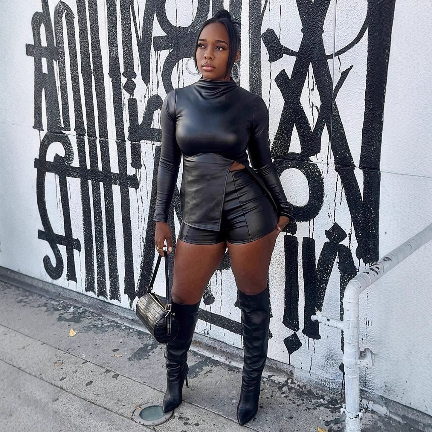 New Women's Top With Side Slit Tight High-waisted Shorts