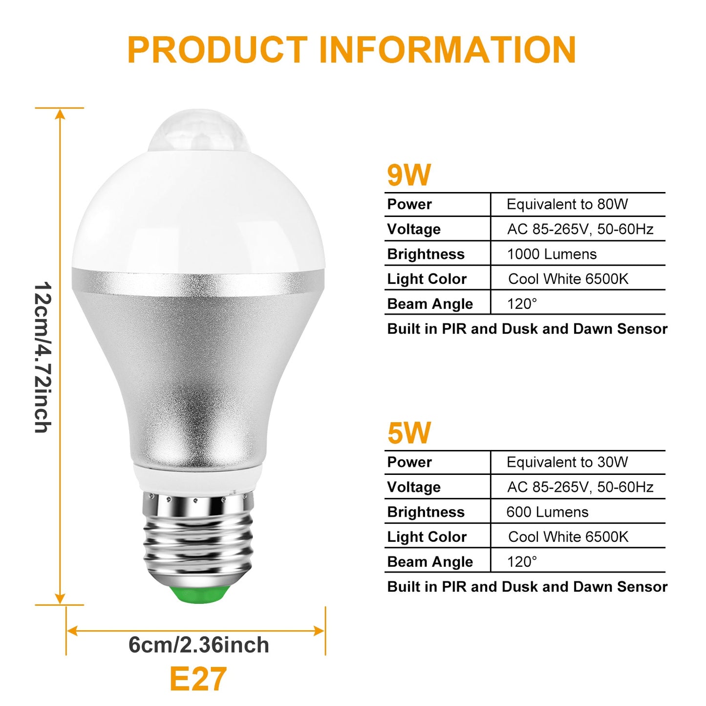 E27 Motion Sensor Light Bulb 9W 6500K Dusk To Dawn Automatic On-Off LED Light Bulb Indoor Outdoor Use