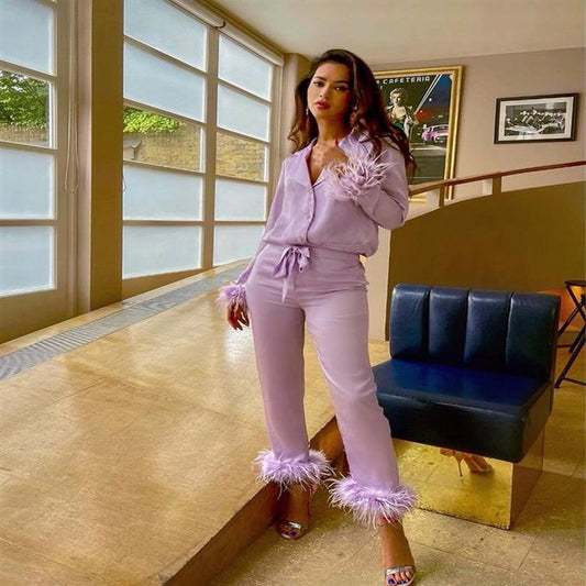 Ladies Solid Color Suit Lapel Top Feather Trousers