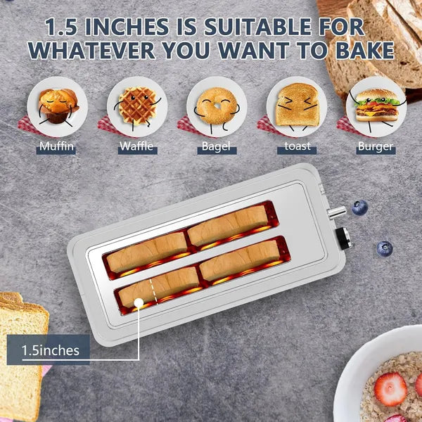 4-Slice Toaster, Extra Wide Long Slot Toaster, 6 Browning Settings, Bagel/Defrost/Reheat Functions, Removable Crumb Tray, Stainless Steel Housing, Silver