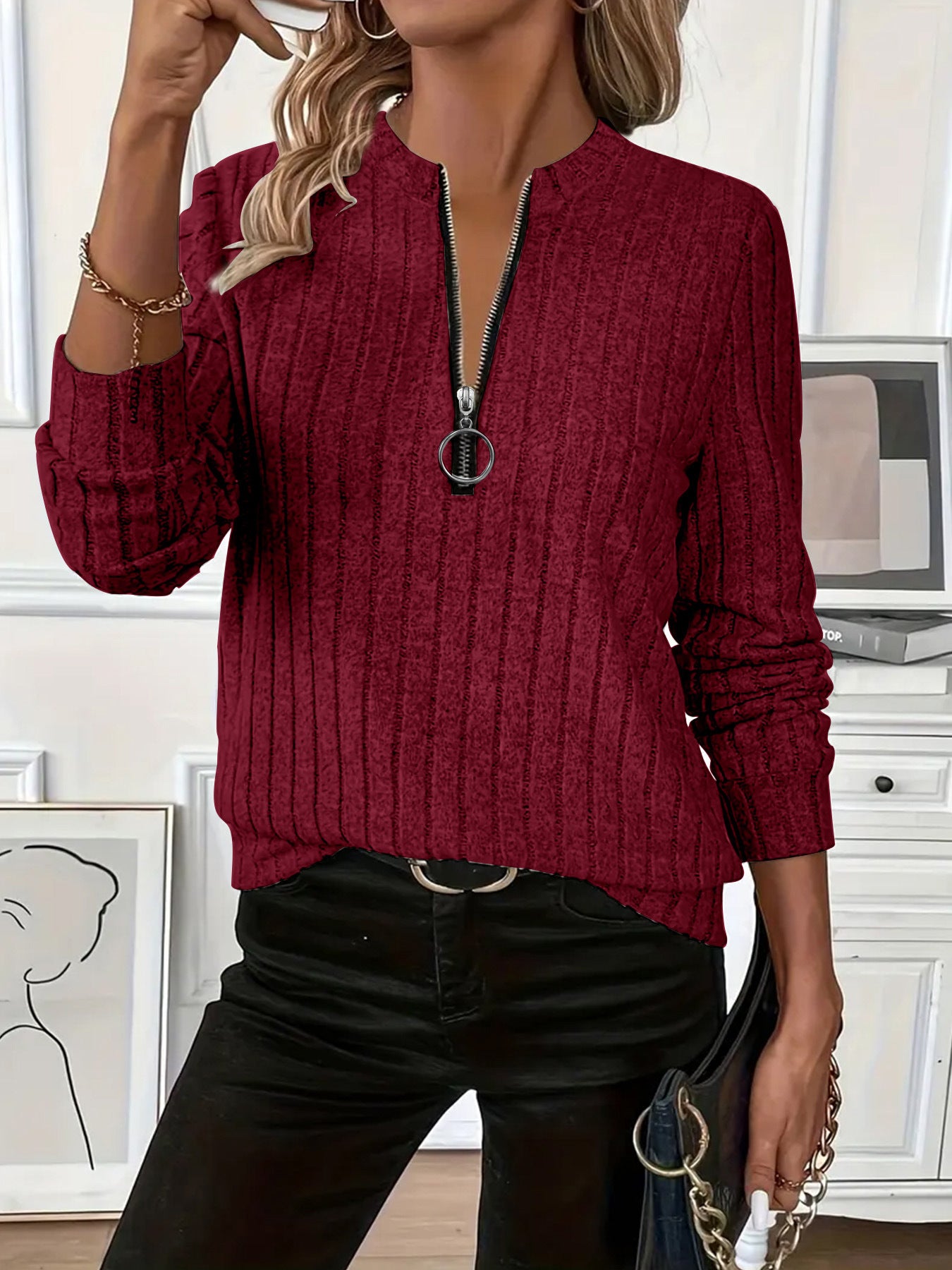 New Womens Rib-knit Solid-color Long-sleeve Top With A Zipper