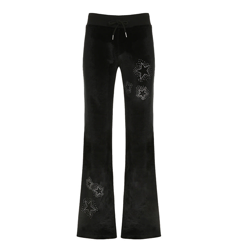 Drilling Low Waist Drawstring Patchwork Slimming Casual Pants