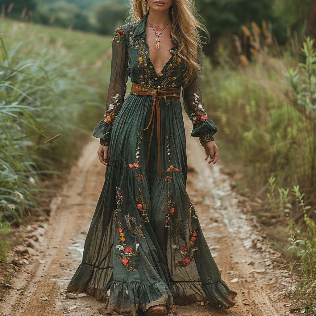 Retro Pastoral Style V-neck Long-sleeve Dress