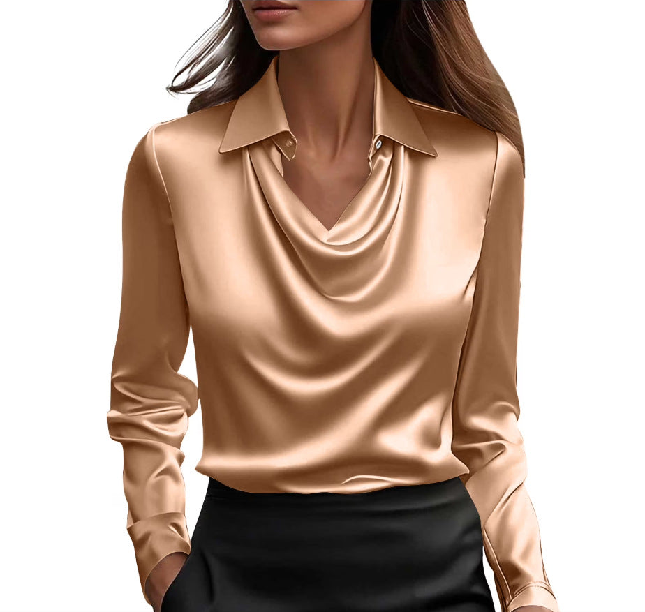 Spring And Autumn Temperament Long Sleeve Satin Swing Collar Top Shirt For Women