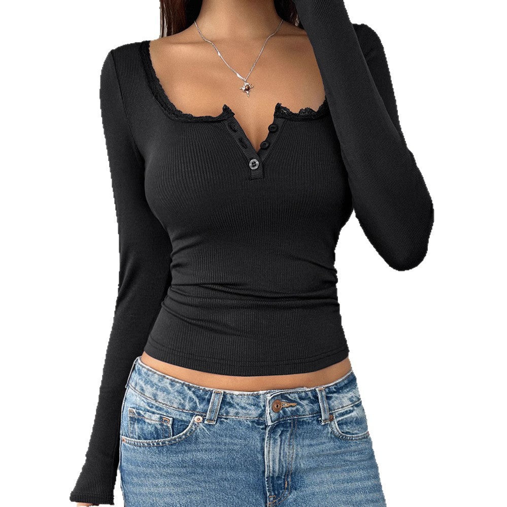 Women's V-neck Fashionable Fitted Long Sleeve Top