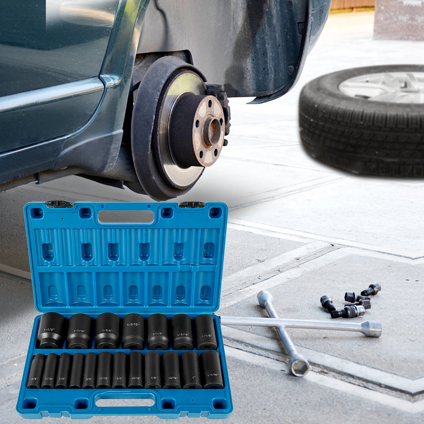 VEVOR Impact Socket Set 19 Piece Impact Sockets, Deep Socket, 6-Point Sockets, Rugged Construction, Cr-V, With A Storage Cage