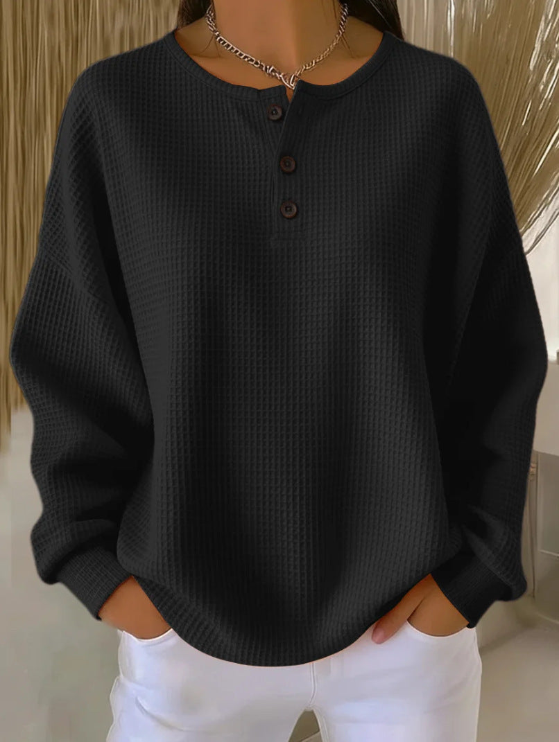 Round Neck Waffle Solid Color Pullover Loose Top