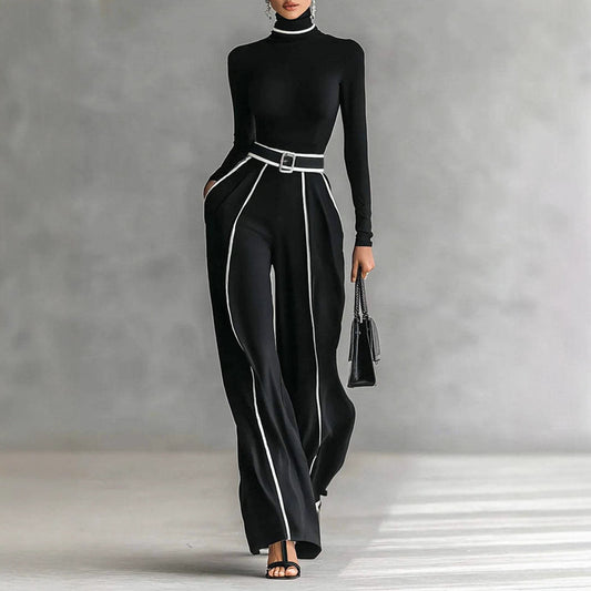 Women's Creative Elegant Stand Collar Contrast Color Binding Long-sleeved Knitted Wide-leg Pants Suit