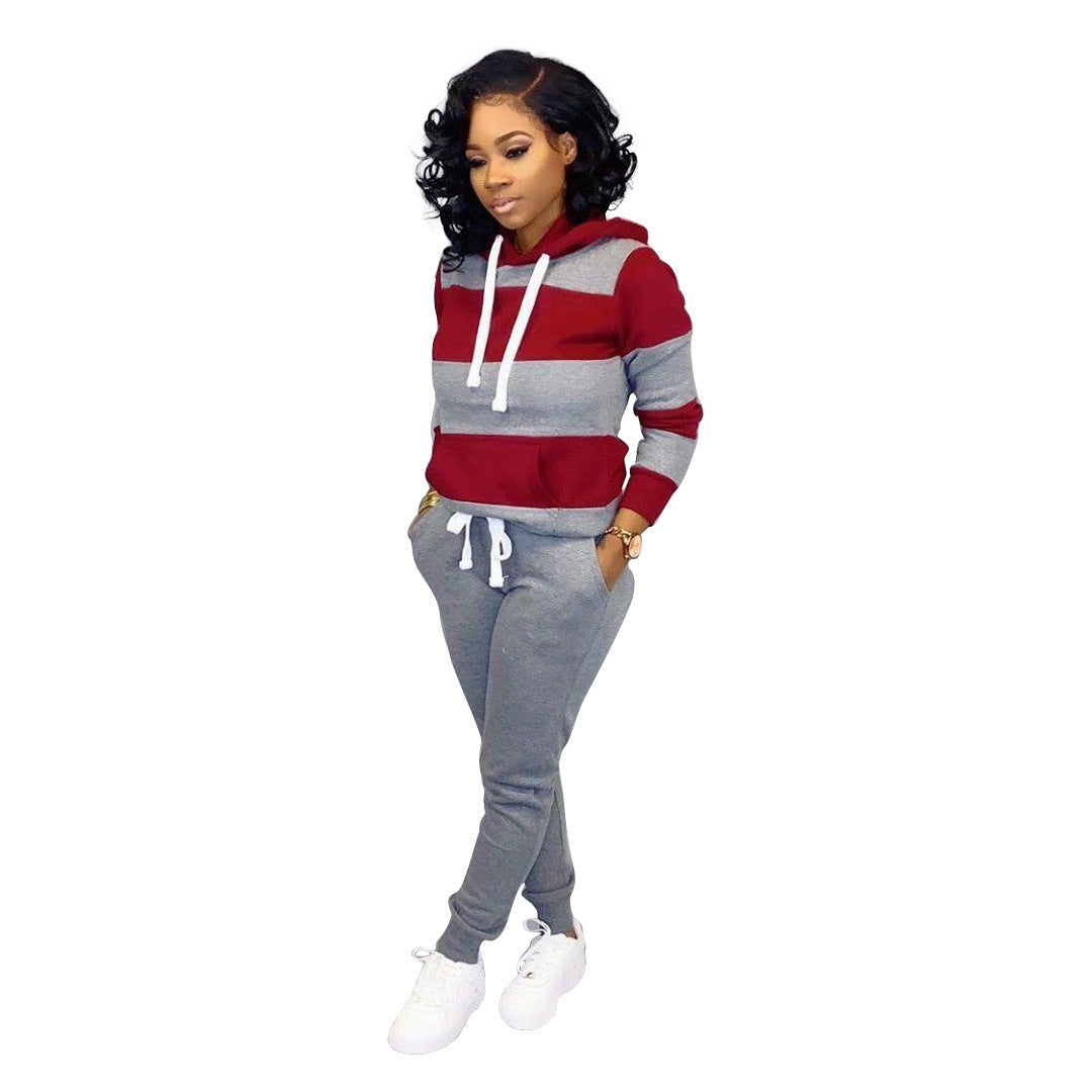 Striped hooded sweater trousers set