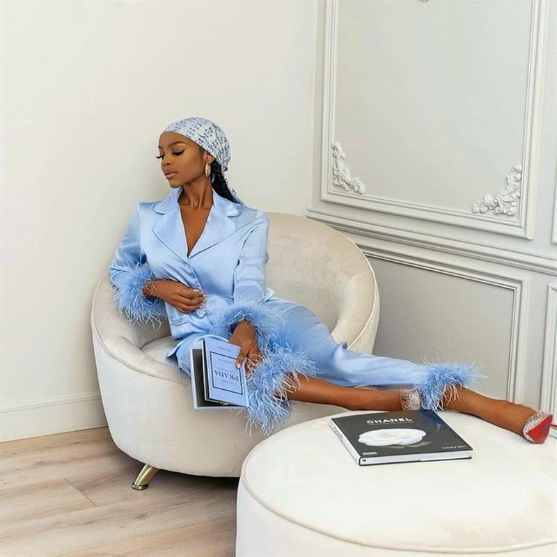 Ladies Solid Color Suit Lapel Top Feather Trousers
