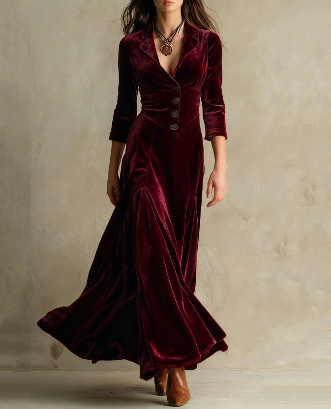 Solid Color Buttons Lapel 34 Sleeve Maxi Dress Waist Expansion Skirt