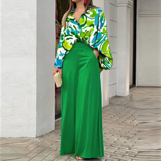 Women's Printed Shirt Wide Leg Pants Fashion Casual Set