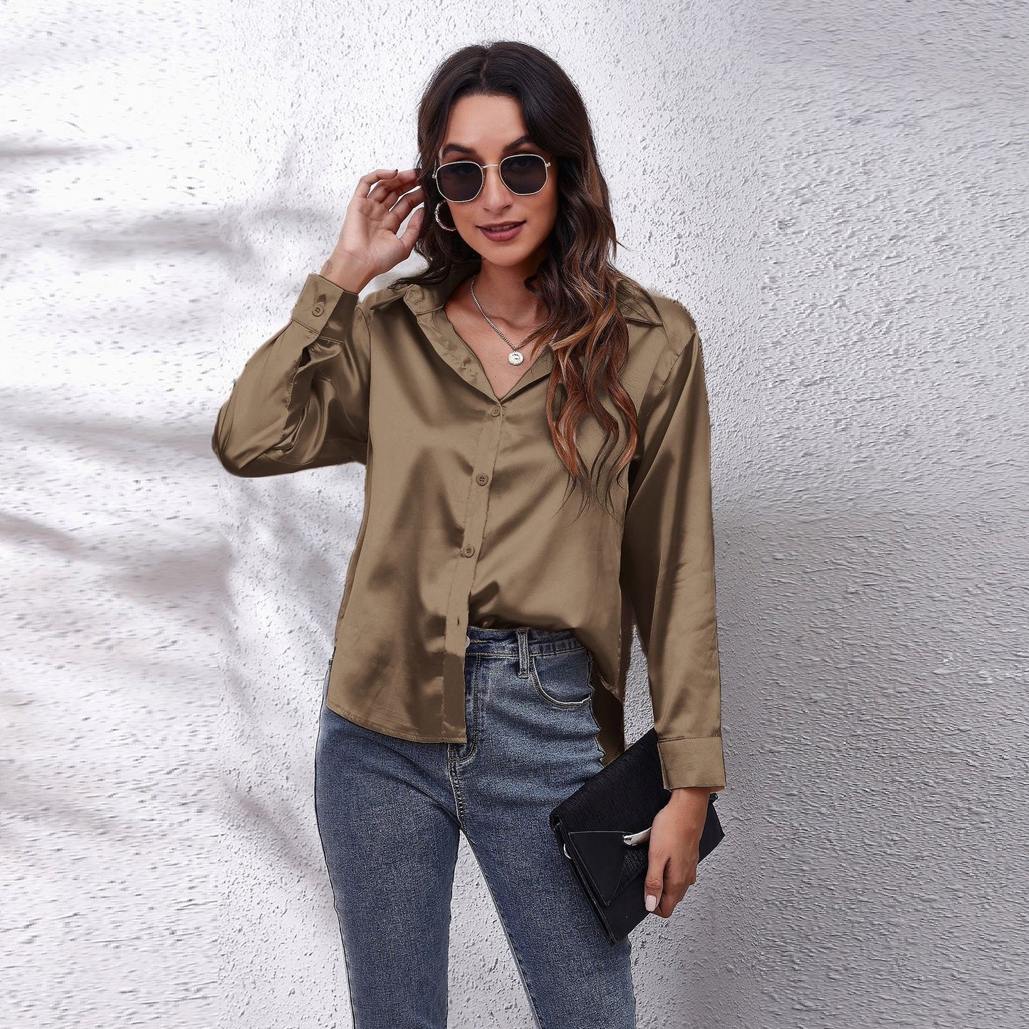 Satin Women's Satin Faux Silk Long-sleeved Shirt