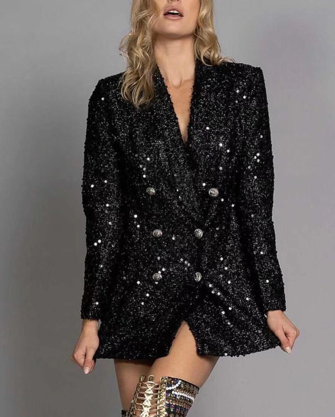 Fashion Ladies V-neck Double Breasted Black With Paillettes Slim Fit Long Shirt
