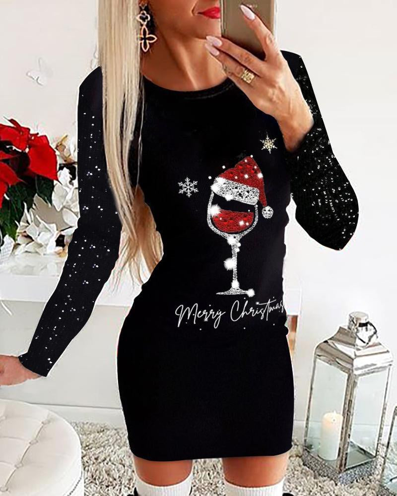 Women's Fashion Christmas Printing Round-neck Long-sleeved Dress