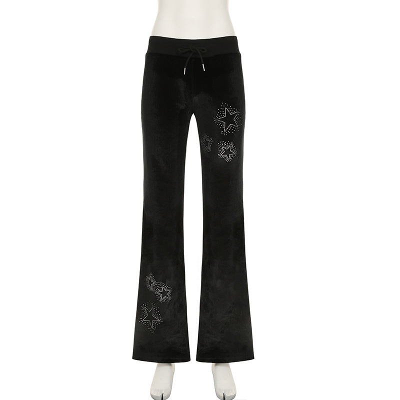 Drilling Low Waist Drawstring Patchwork Slimming Casual Pants