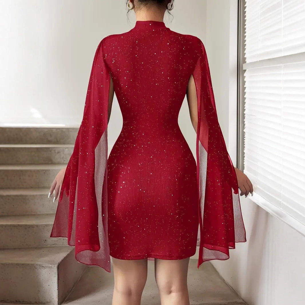 Women's High Neck Ribbing Chiffon Cape Sheath Dress