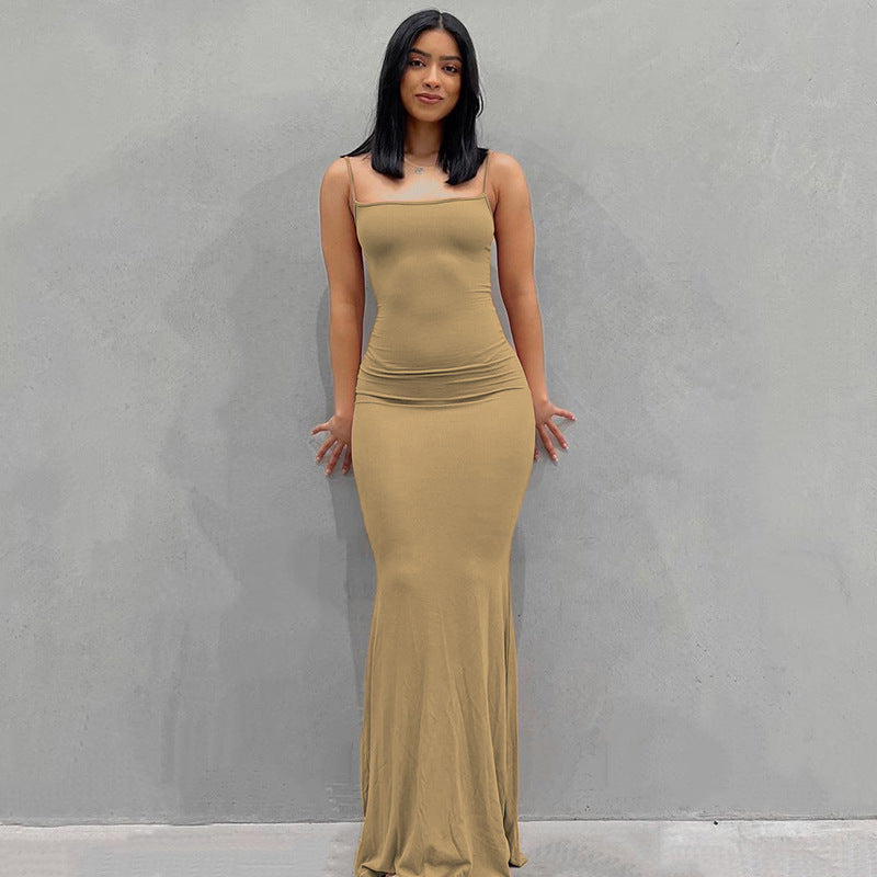 New Fashion Solid Color Sleeveless Sling Long Dress