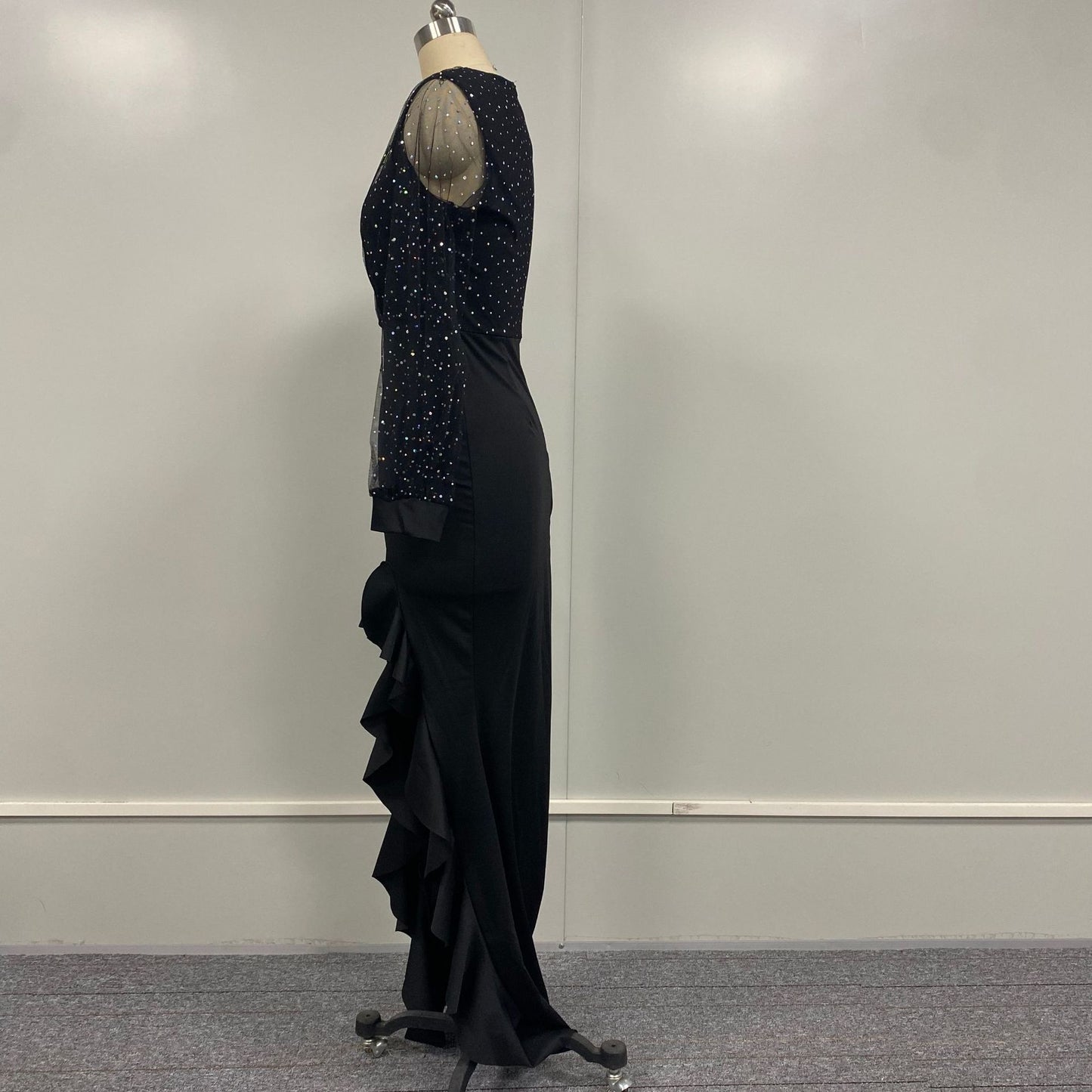 Package Hip Mid-rise Abdomen-control Black Mesh Sequins Dress
