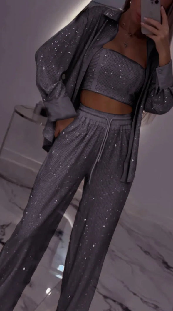 Loose Sequins Jacket Tube Top Three-piece Suit
